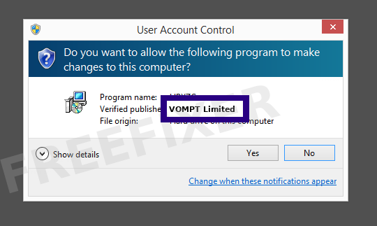 Screenshot where VOMPT Limited appears as the verified publisher in the UAC dialog